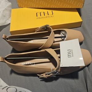 Miusshoe Women's Beige Mary Jane Flats with Adjustable Strap Size 8